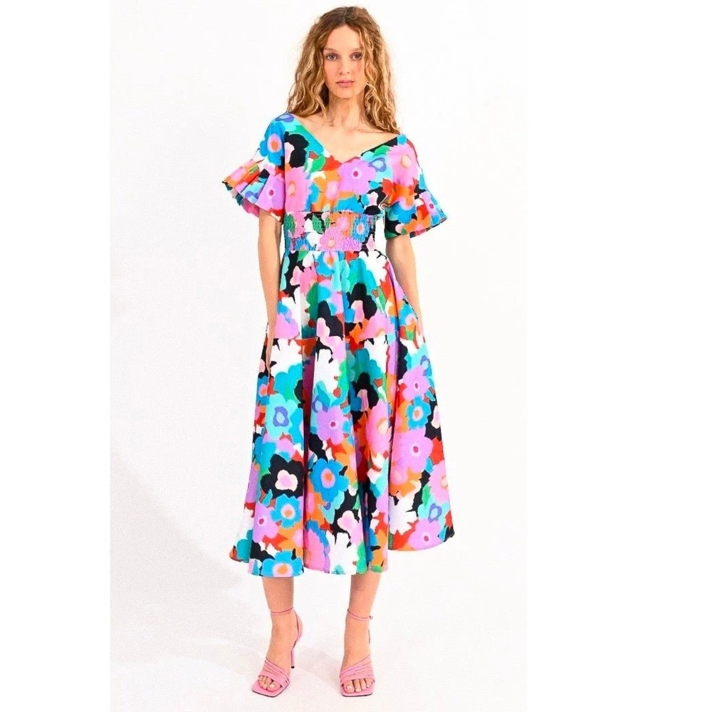 Molly Bracken Lili Sidonio Floral Smocked Waist Pleated Slve Midi Dress Women S